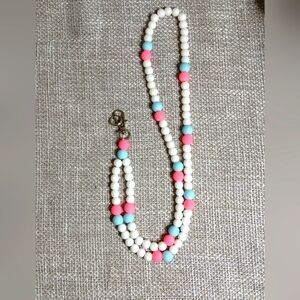 White blue pink glass matte bead lanyard